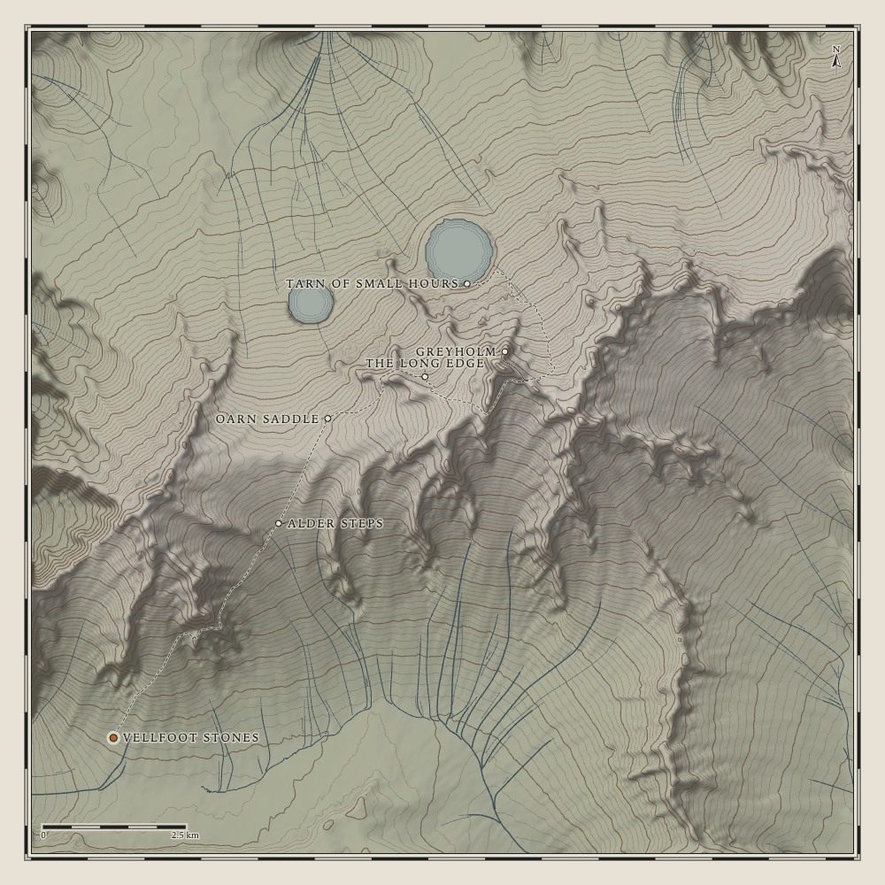 An engraved plan of the imaginary Vell Traverse, with its contours, streams and walking trail